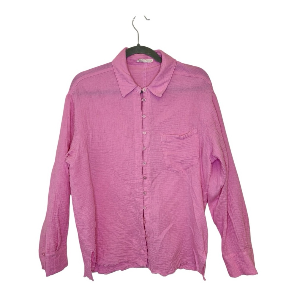New Im Pink 100% Cotton Gauze Button Down Coastal Vacation Shirt Top Small